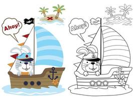 Funny bunny in sailor cap on sailboat, coloring book or page vector