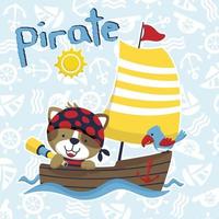 Vector illustration of cartoon cat in pirate costume with parrot on sailboat on sailing elements pattern background