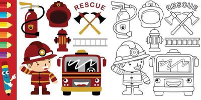 Vector cartoon of firefighter elements illustration, coloring book or page