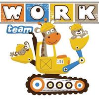 Vector illustration of cartoon animals wearing worker helmet on backhoe