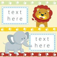 Invitation card templates with funny lion and elephant, vector cartoon illustration