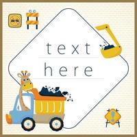 Vector cartoon of cute giraffe on truck, construction elements. Invitation card templates