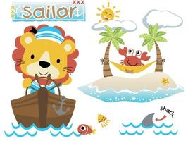 Vector illustration of cute lion cartoon in sailor costume on boat,  sailing elements with marine animals, island