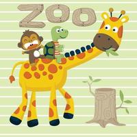 Vector cartoon illustration of monkey and turtle ride on giraffe's back on striped background