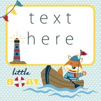 Vector cartoon of little fox on wooden boat, sailing elements cartoon. Invitation card templates