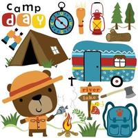dibujos animados de vector de ilustración de elementos de camping con lindo oso en traje de explorador