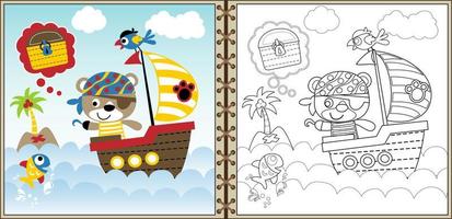 Vector cartoon of cute bear on sailboat, pirate elements cartoon, coloring book or page