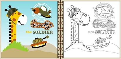 Funny giraffe army cartoon vector with military equipment, coloring book or page