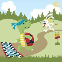 Cartoon vector of animals run race, turtle with bunny on trees background