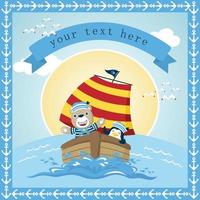 Invitation card templates with anchor frame border, vector cartoon of bear and penguin in sailor costume on sailboat