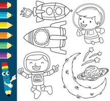 Vector illustration of space elements, funny astronaut with spacecraft and planets, coloring book or page