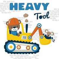 Vector illustration of cartoon bear and mouse on construction vehicle