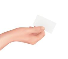 tarjeta de visita en la mano. hombre de negocios que sostiene una plantilla blanca en blanco de la tarjeta de débito bancaria financiera personas nfs muestra de tarjeta de pago, ilustración vectorial realista de mano femenina. muñeca de mujer con manicura. vector