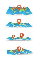 Collection of geography maps. Foldable world map with place mark pined. Fold paper leaflet of topography map. Touristic equipment realistic cartoon vector illustration dots pointer. Sheet of paper set