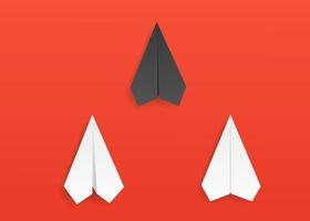 Realistic paper plane. Business background group of white paper plane flying in one direction one of them black. New ideas competition, creativity. Concept of leadership, teamwork and success. vector