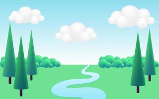 3d realistic green cartoon panorama summer landscape background with green hills, river, cone pines trees, bushes, clouds, on blue sky. Nature environment horizon composition. Vector illustration.