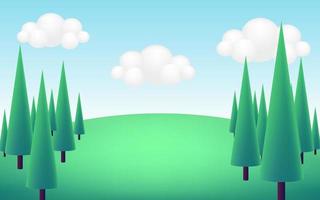 Fondo de paisaje de verano de panorama de dibujos animados verde realista 3d con colinas verdes, pinos de cono, nubes, en el cielo azul. niños naturaleza medio ambiente horizonte composición. ilustración vectorial vector