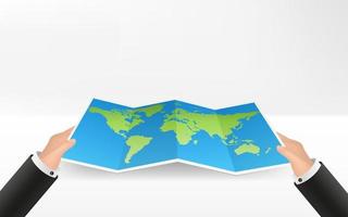 Hands holding paper map. Top view on folded map atlas in hands of men. Tourist look at map of the world planning trip. Vector Illustration in flat design. Travel concept. Countries, continents, oceans