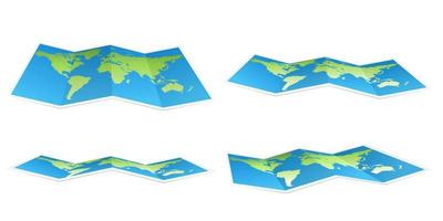 Collection of geography maps. Full big foldable world map with perspective view. Fold paper leaflet of topography map. Touristic equipment realistic cartoon vector illustration. Sheet of paper set.