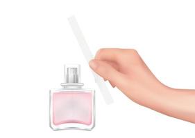 Perfume tester in hand. Holding white blank paper template, vector realistic illustration of female hand with scent sample. Woman wrist with manicure. Glass bottle of the perfume, pink aroma liquid.