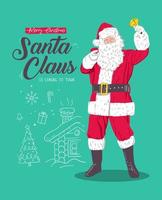 Christmas card. Cartoon Santa Claus with red bag with presents. Text - Santa Claus is coming to town. Red Santa hat. For Christmas and New Year posters, gift tags and labels vector