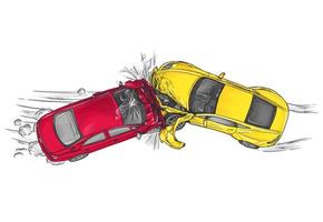 Two cars crash, crashing into each other's front hand drawn style vector illustration. Car crash banner.