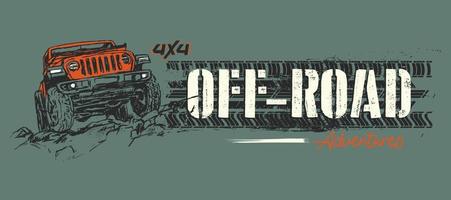 Off road grunge banner with tire print and 4x4 sports utility vehicle vector
