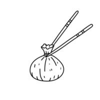 Chopsticks holding Dim sum in hand drawn doodle style. Traditional Chinese dumplings. Asian food vector. vector