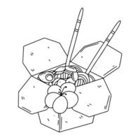 Paper box with noodles with shrimps and vegetables in hand drawn doodle style. vector