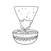 Nachos dipped in salsa in hand drawn doodle style. Vector illustration of Latin American food. Fast food.