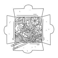 Paper box with noodles with shrimps and vegetables in hand drawn doodle style. Top view of a horizontal. vector