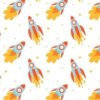 Childish seamless pattern with rockets and stars. Kisds space print. Vector illustration in flat cartoon style.