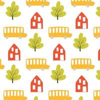 Cute childish seamless pattern with car. Drawn pattern with cars, house and tree. Vector illustration in scandinavian style. childrens print.