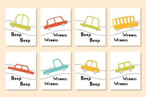 Set of kids posters with cars. Cute posters for a childrens room with a typewriter and a road. vector illustration. Doodle style. Scandinavian style.