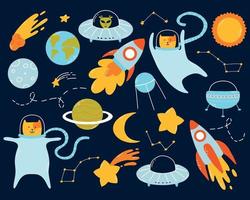 conjunto de espacio para niños. colección de elementos espaciales, luna, astronauta, estrellas, ilustración de cohete.vector en estilo de dibujos animados. estilo plano vector