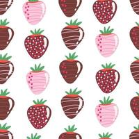 fresas en patrones sin fisuras de chocolate. ilustración para fondos, portadas y empaques. la imagen se puede utilizar para tarjetas de felicitación, afiches, pegatinas y textiles. aislado sobre fondo blanco. vector