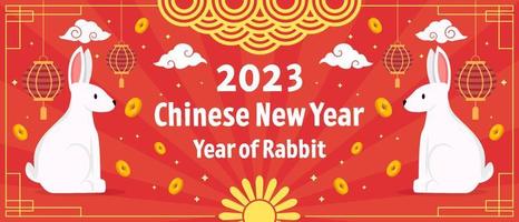 flat chinese new year 2023 year of rabbit, horizontal banner illustration vector