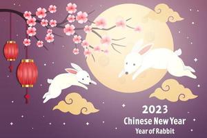 gradient happy chinese new year background illustration with rabbits, clouds, trees, and lanterns vector