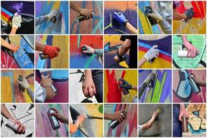 A set of many small images of hands with paint cans in the proce photo