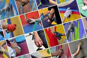 A set of many small images of hands with paint cans in the proce photo