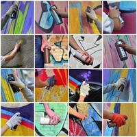 A set of many small images of hands with paint cans in the proce photo