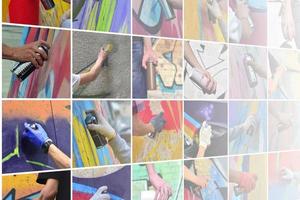 A set of many small images of hands with paint cans in the proce photo
