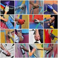 A set of many small images of hands with paint cans in the proce photo