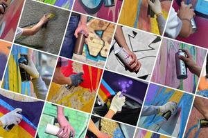 A set of many small images of hands with paint cans in the proce photo