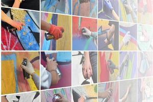 A set of many small images of hands with paint cans in the proce photo