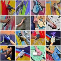 A set of many small images of hands with paint cans in the proce photo