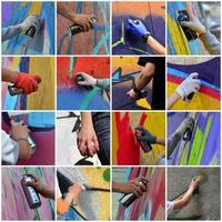 A set of many small images of hands with paint cans in the proce photo