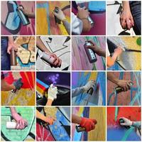 A set of many small images of hands with paint cans in the proce photo
