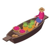 Tropical floating market icon, isometric style vector