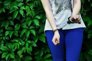 fragmento del cuerpo de una joven criminal con las manos esposadas contra un fondo verde de hojas de hiedra floreciente. el concepto de detener a un delincuente de una mujer criminal en un entorno rural foto